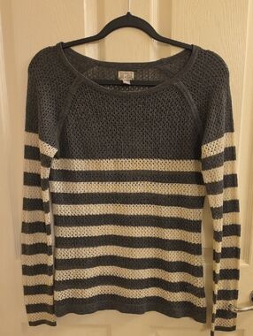 Converse Open-Knit Crewneck Sweater in Gray and Cream Stripes